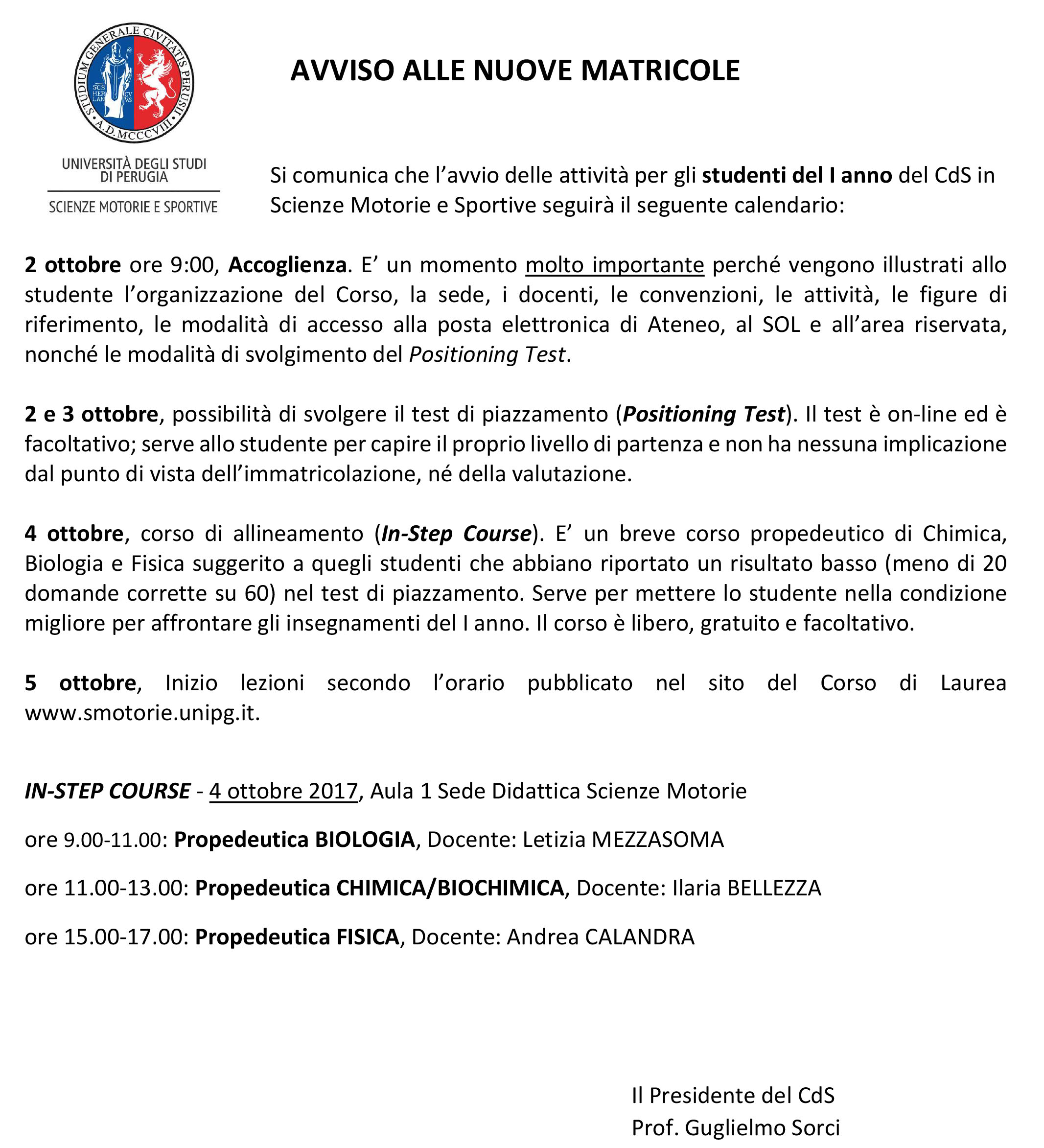 AVVISO ALLE NUOVE MATRICOLE 2017 2018